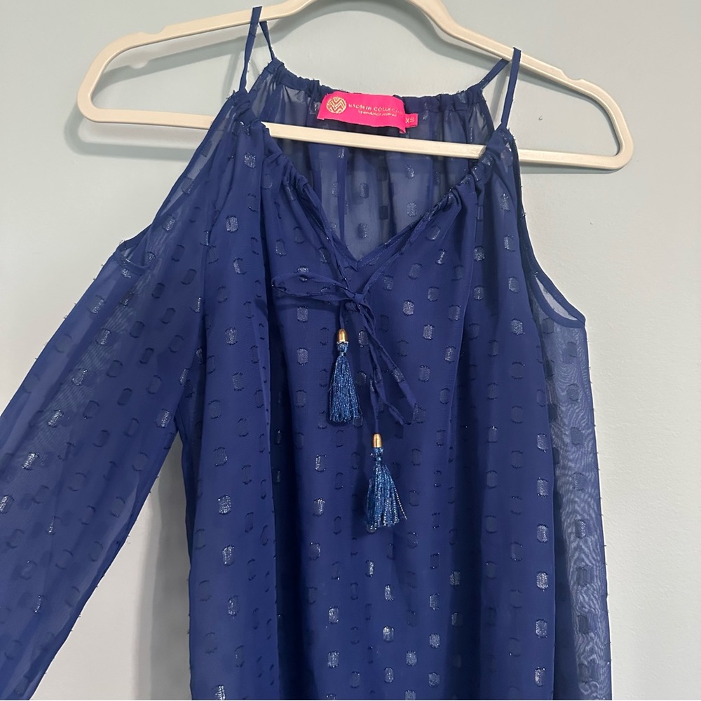 🦋 Macbeth Collection Sheer Navy Blue Open Shoulder Long Sleeve Blouse XS